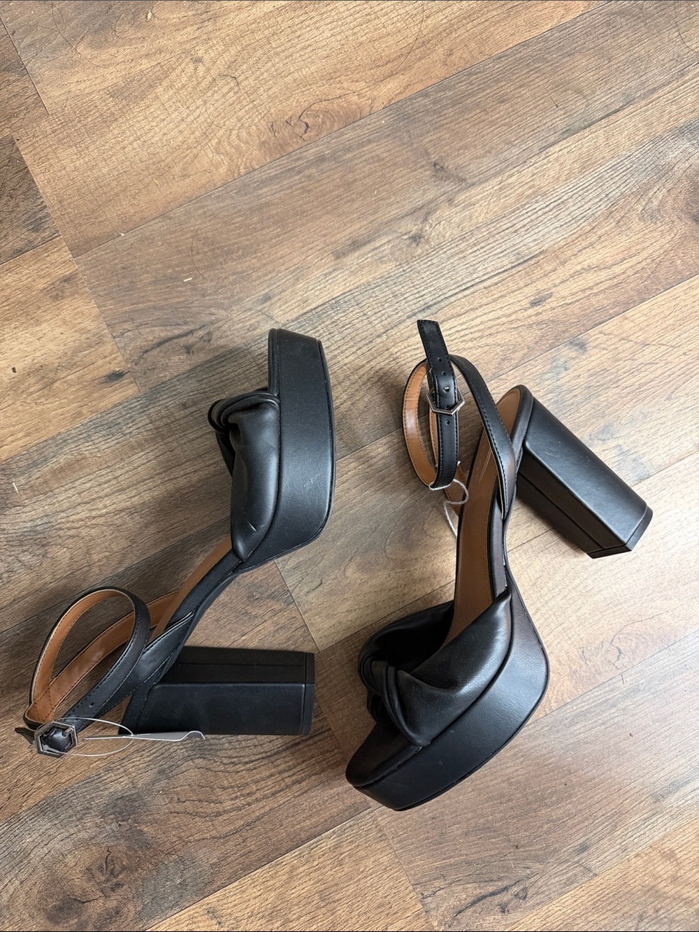 Platform Block Heel Sandals in Black with Knotted Detail